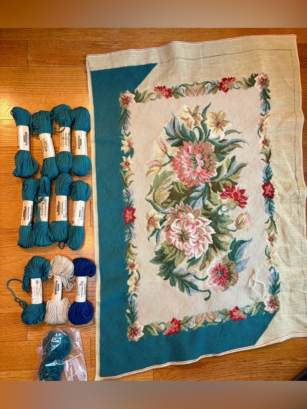 Vintage Floral Needlepoint Rug Canvas Unfinished Wool Yarn 42x30